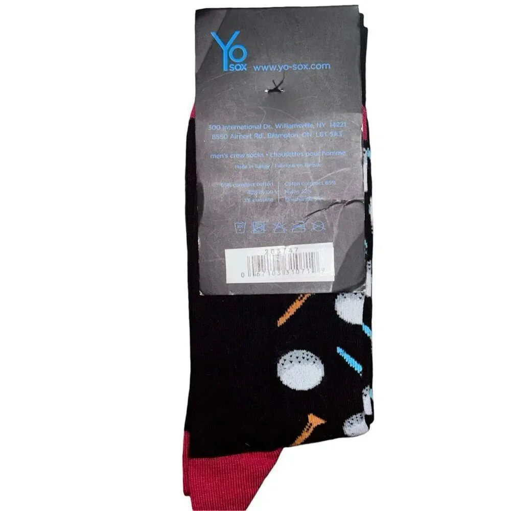 NEW WITH TAGS Yo Sox Black with Golf Balls and Tees Design Men's Crew Socks Size